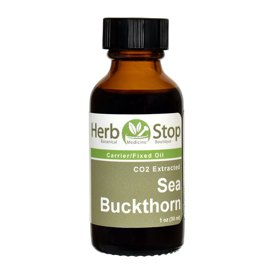 A 1 oz amber glass bottle of Herb Stop CO2 Extracted Sea Buckthorn Carrier/Fixed Oil with a black cap and olive green and white label, on a white background.