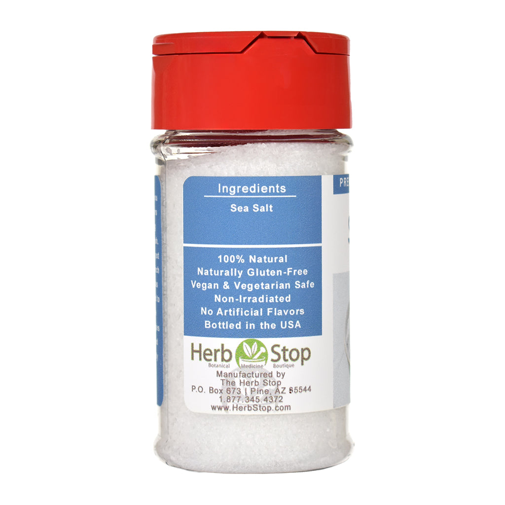 Herb Stop sea salt container with red lid on a white background