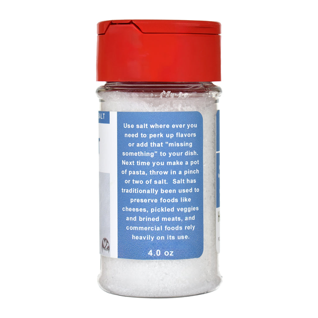 Sea Salt jar with red lid and blue label on a white background