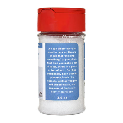 Sea Salt jar with red lid and blue label on a white background