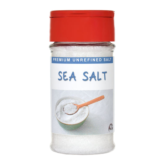 Container of premium unrefined sea salt with a red lid on a white background