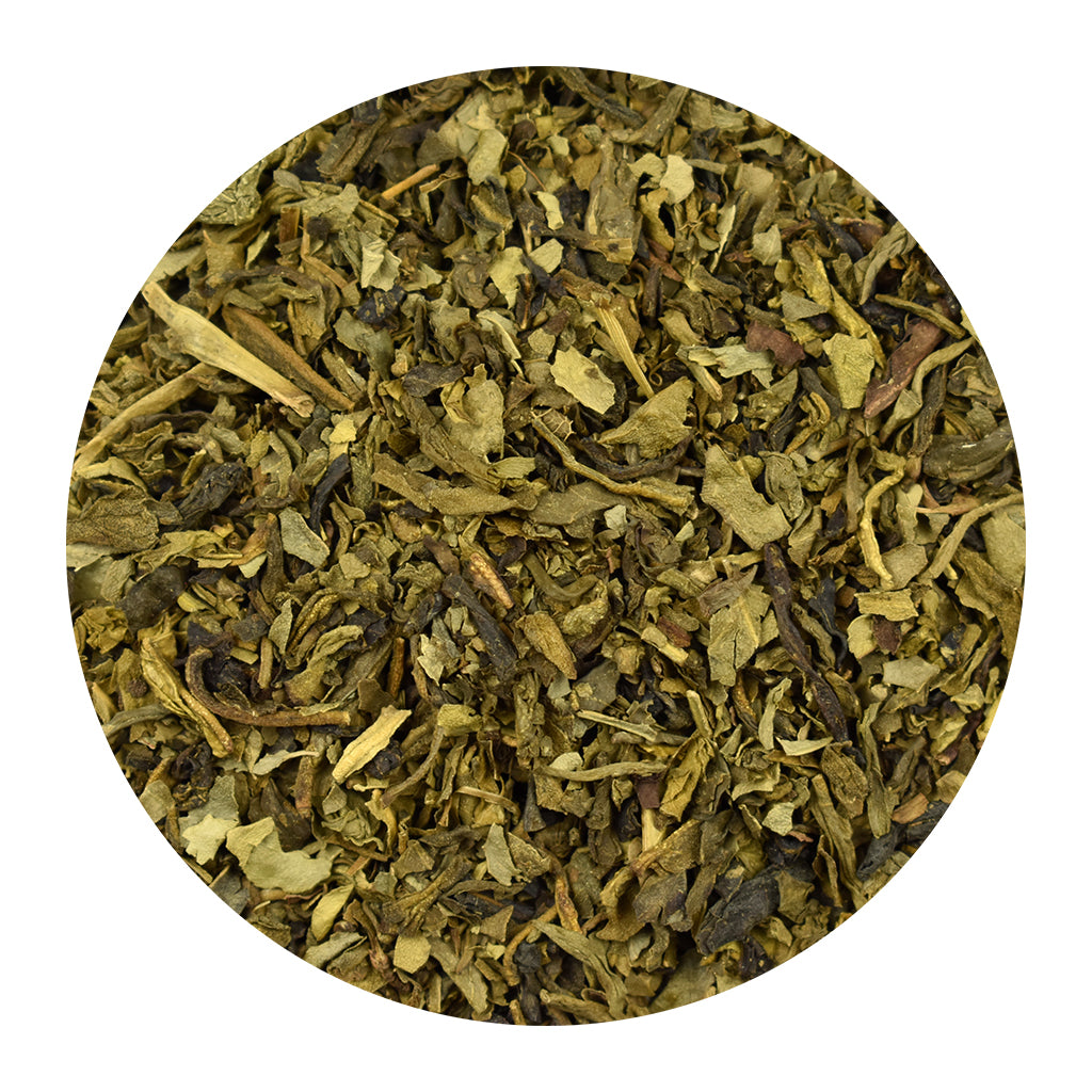 Close-up of decaffeinated Sencha green tea on a white background