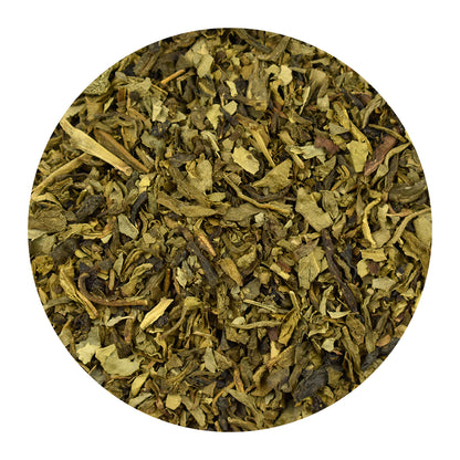Close-up of decaffeinated Sencha green tea on a white background