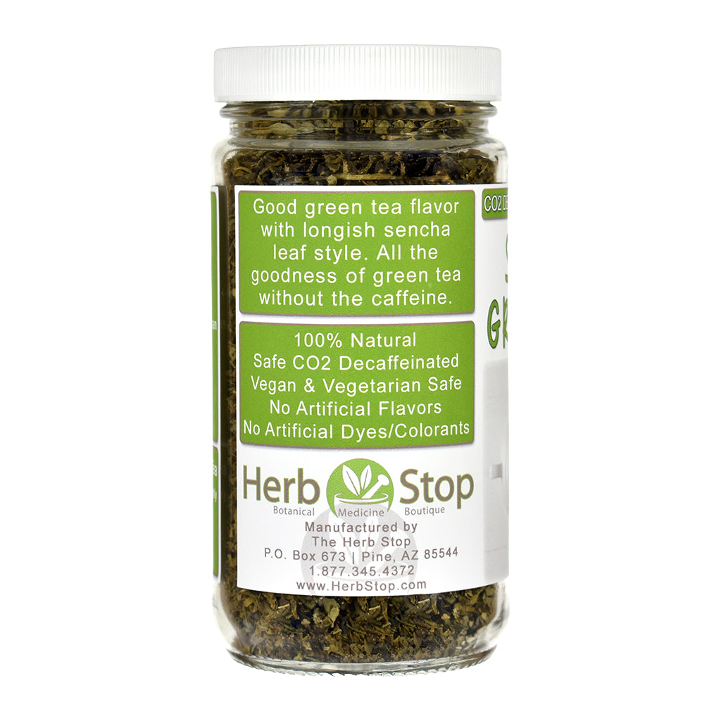 Jar of Decaf Sencha green tea with Herb Stop label on a white background