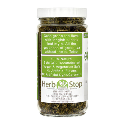 Jar of Decaf Sencha green tea with Herb Stop label on a white background