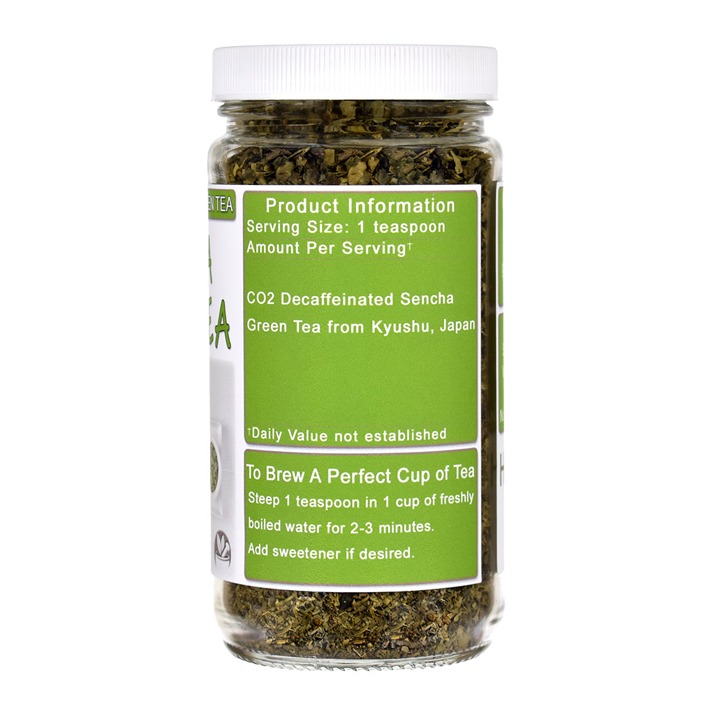 Jar of Decaf Sencha Green tea with a label on a white background