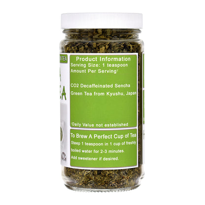 Jar of Decaf Sencha Green tea with a label on a white background