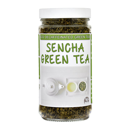 Jar of Decaffeinated Sencha Green Tea on white background