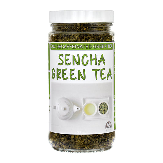 Jar of Decaffeinated Sencha Green Tea on white background