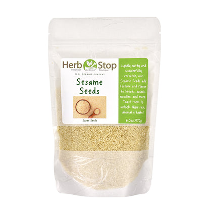 Organic Sesame Seeds in a bag on a white surface