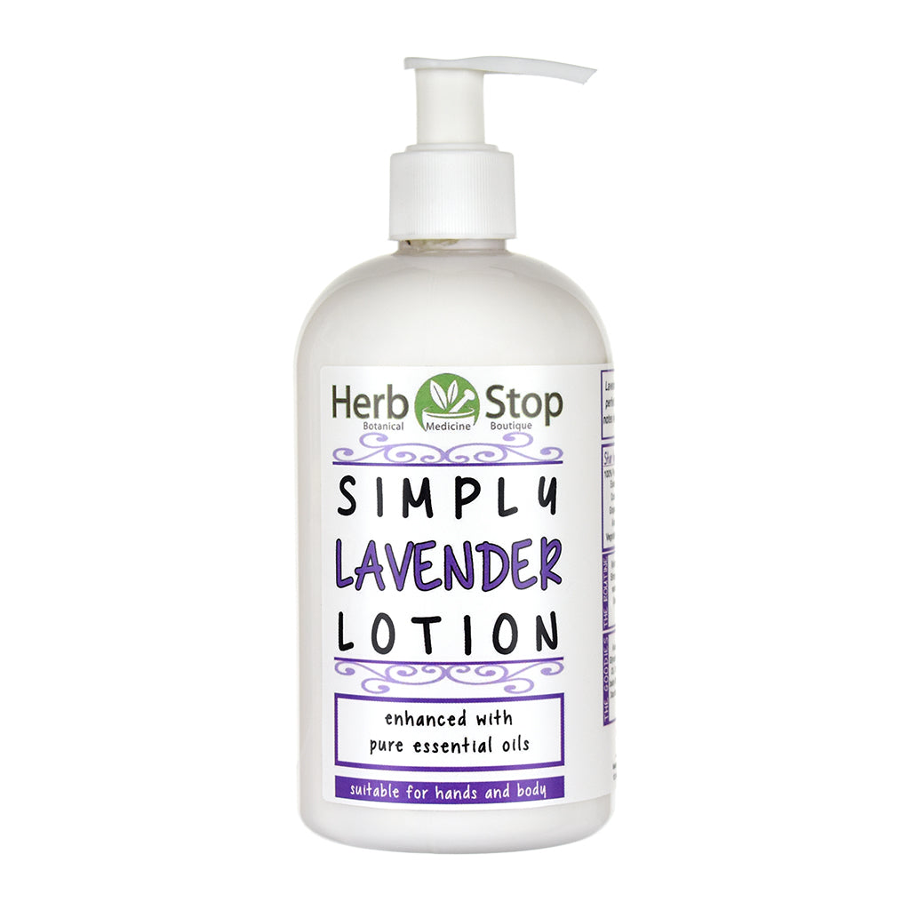 Bottle of Herb Stop Simply Lavender Lotion on a white background