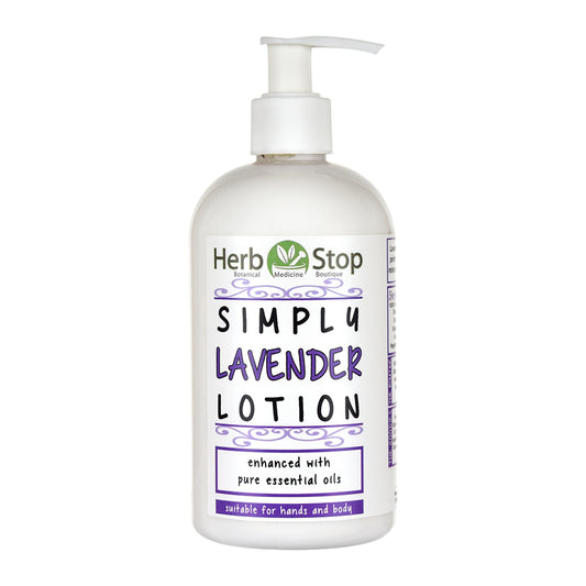 Bottle of Herb Stop Simply Lavender Lotion on a white background