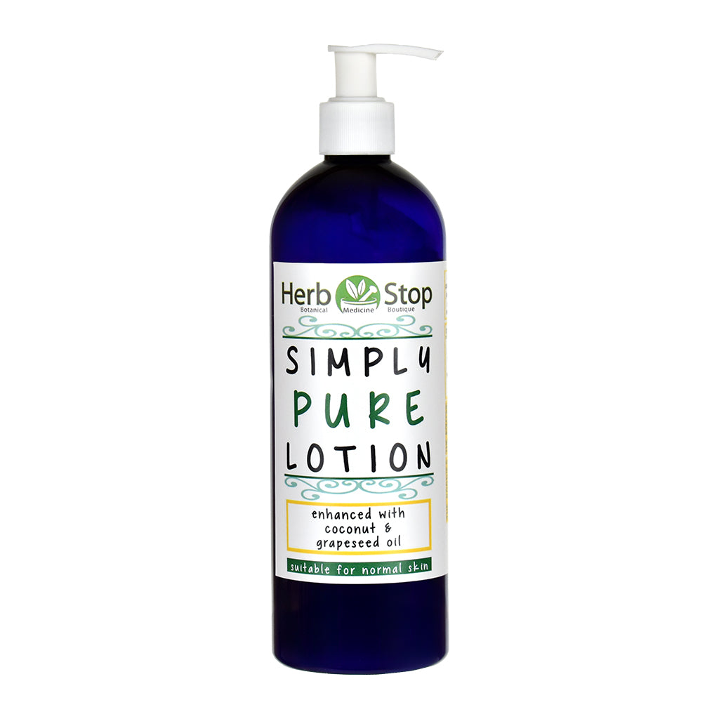Bottle of Herb Stop's Simply Pure Lotion on a white background
