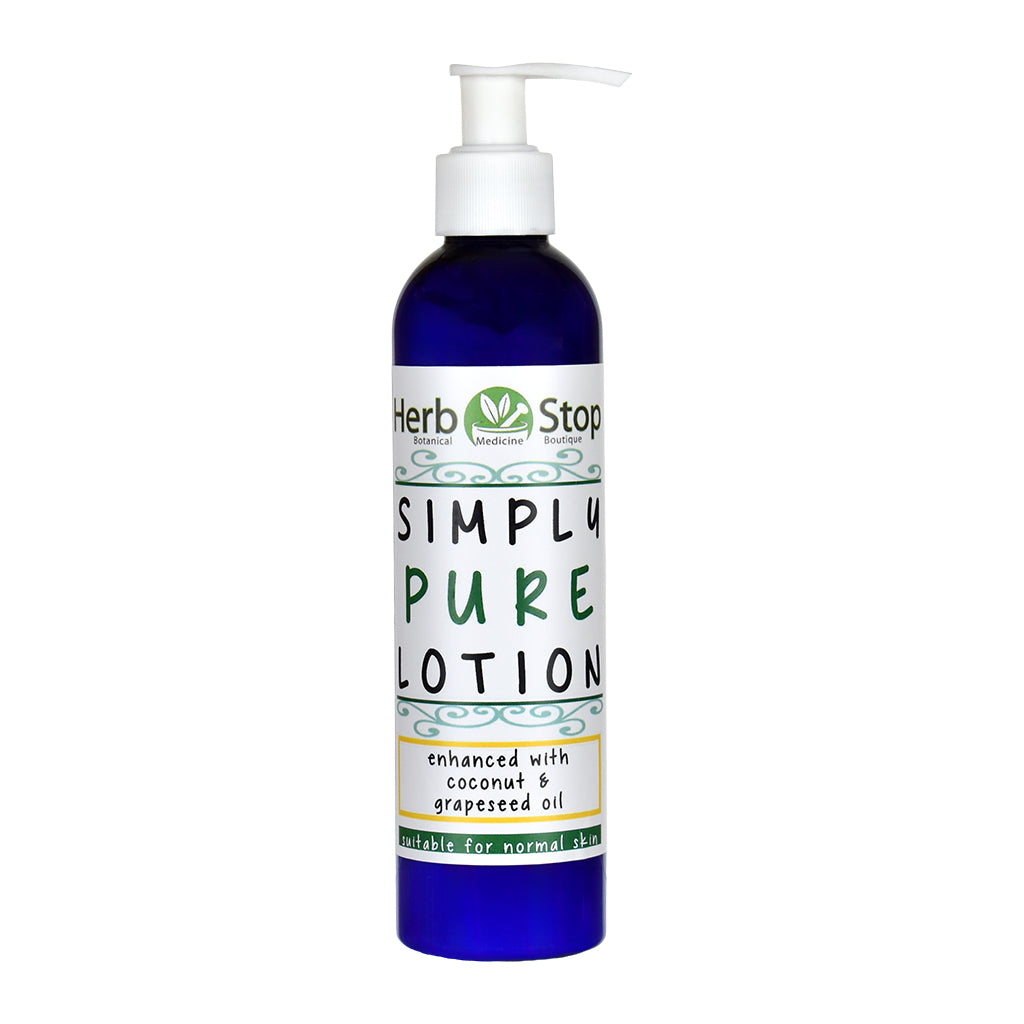 Bottle of Herb Stop's Simply Pure Lotion on a white background