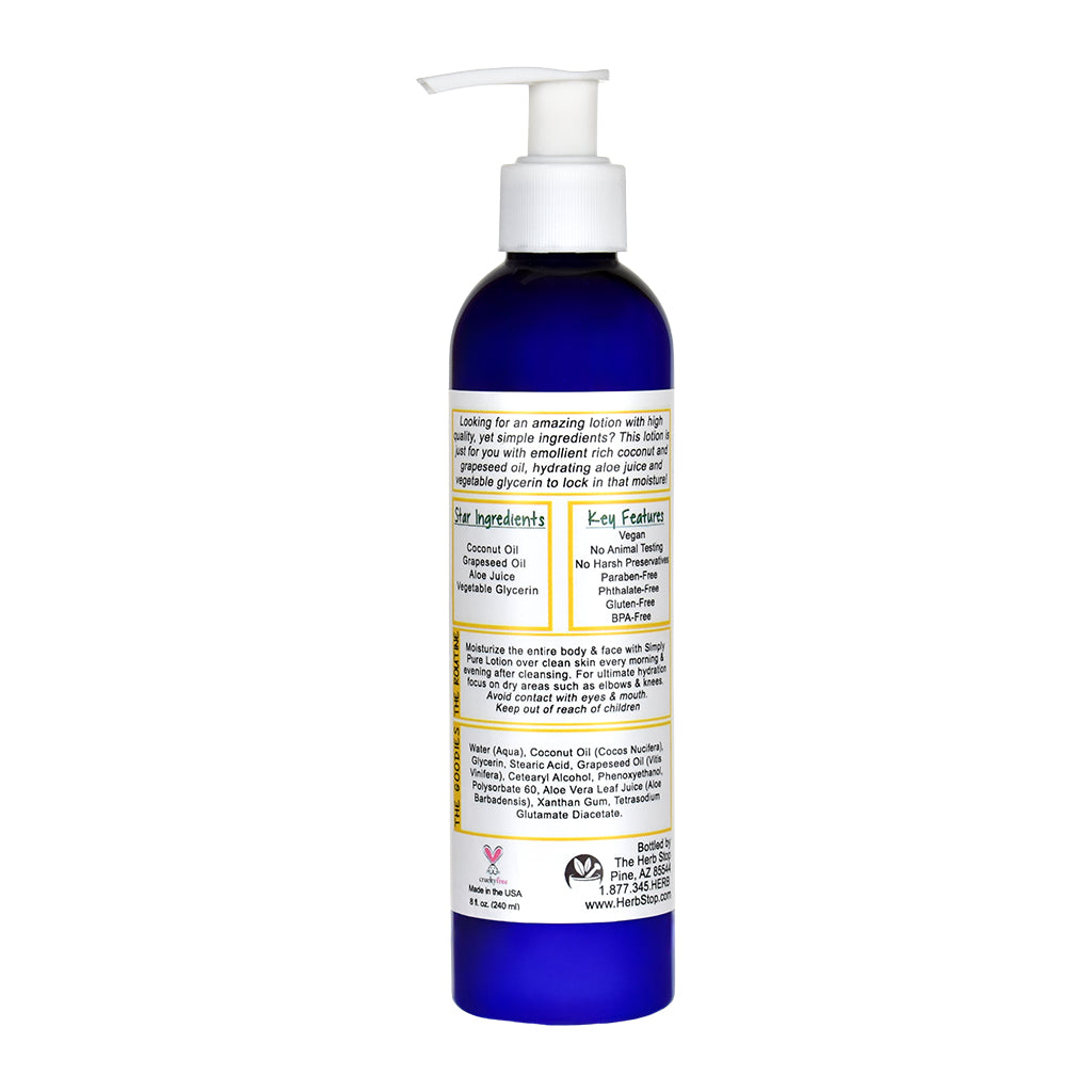 Simply Pure Lotion in a blue bottle with white pump on a white background