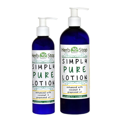 Two bottles of Herb Stop Simply Pure Lotion on a white background