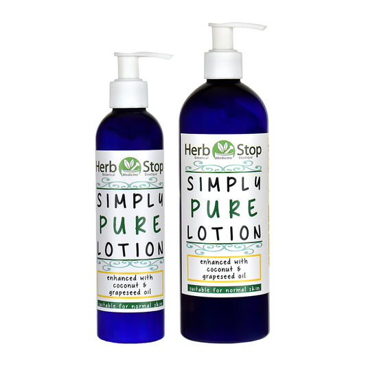 Two bottles of Herb Stop Simply Pure Lotion on a white background