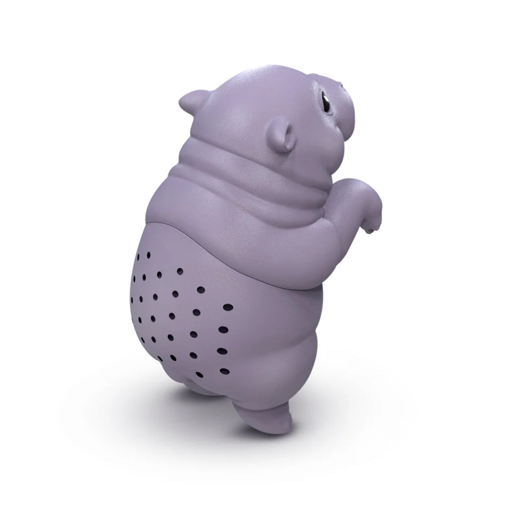 Back of a purple hippo-shaped tea infuser on a white background