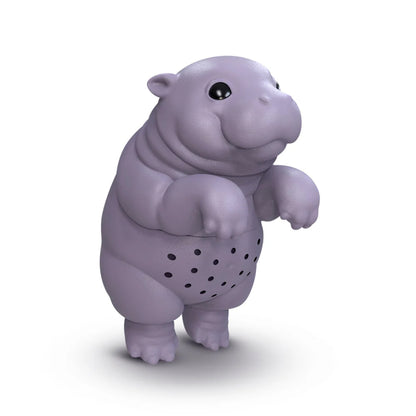 Purple hippo-shaped tea infuser on a white background