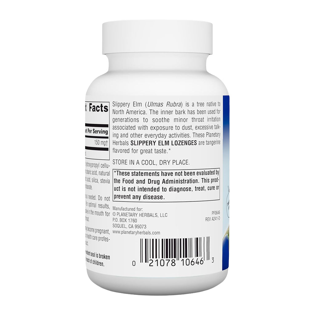 Bottle of Planetary Herbals Slippery Elm Lozenges with label on a white background