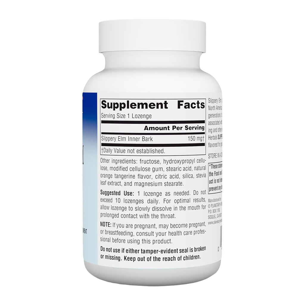 Slippery Elm Lozenges bottle with label showing 'Supplement Facts' on a white background