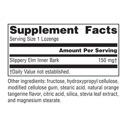Supplement facts label for Slippery Elm Lozenges with slippery elm inner bark on a white background