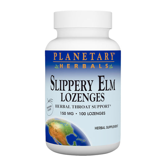 Bottle of Planetary Herbals Slippery Elm Lozenges on a white background