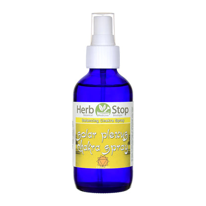 Blue spray bottle of Herb Stop Solar Plexus Chakra Spray on a white background