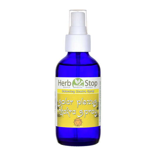 Blue spray bottle of Herb Stop Solar Plexus Chakra Spray on a white background