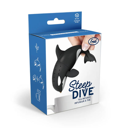 Tea infuser packaging with whale design on a white background