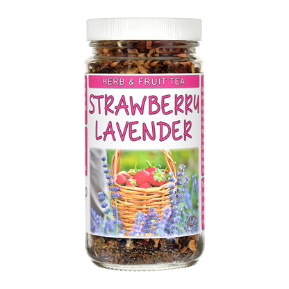 A jar of Strawberry Lavender Herb & Fruit Tea with a white lid and a colorful label, shown on a plain white background.