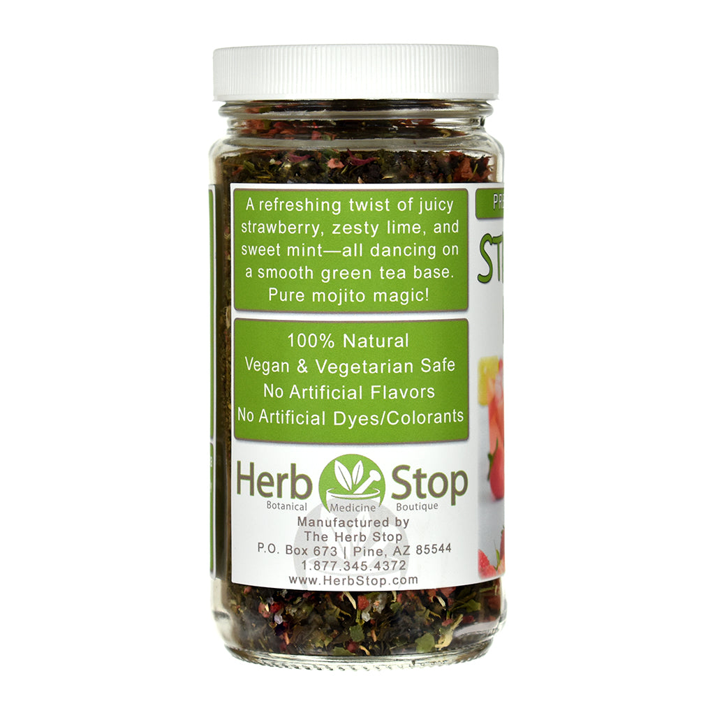 Jar of Strawberry Mojito Green Tea with a label on a white background