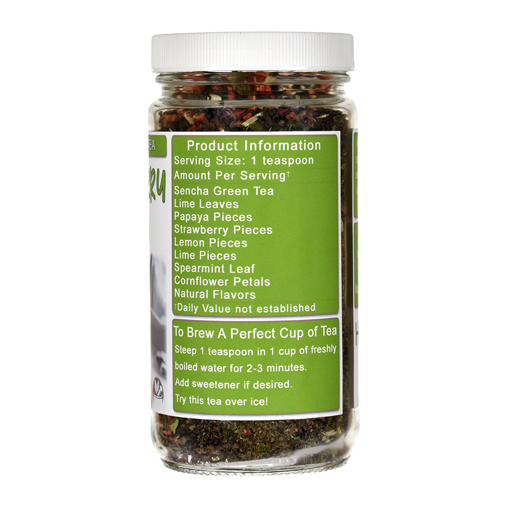 Jar of Strawberry Mojito Green tea with a green label on a white background