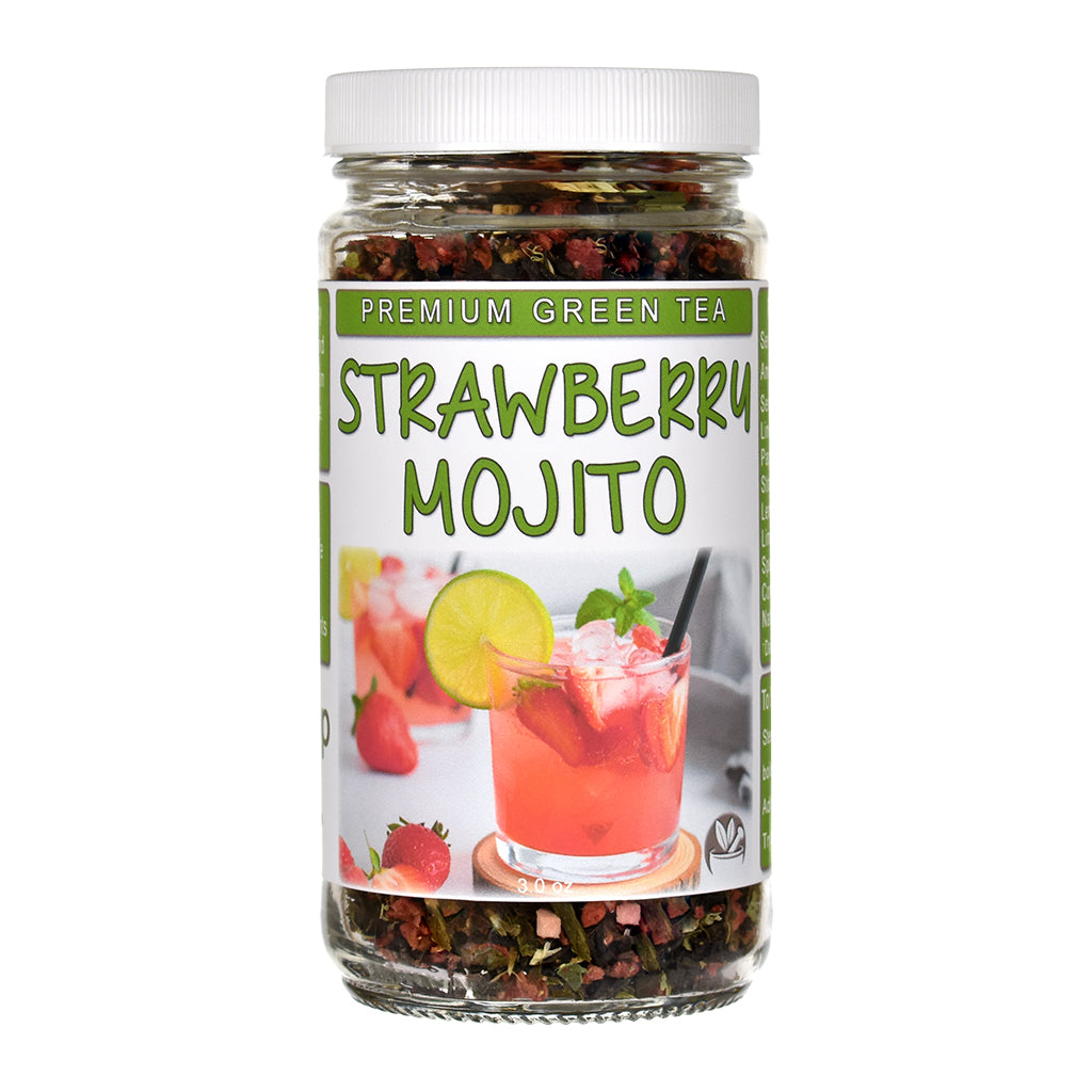 Strawberry Mojito loose leaf premium green tea in a glass jar 