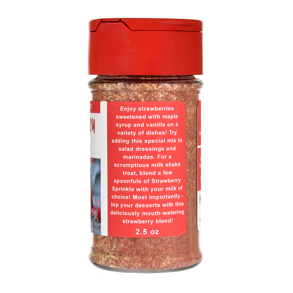 Strawberry Sprinkle with red lid and label on a white background