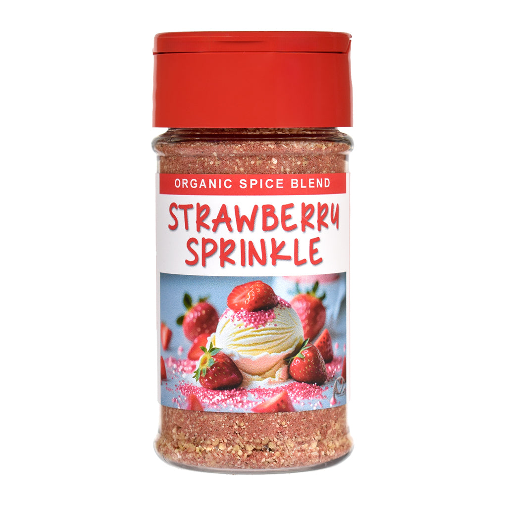 Jar of strawberry sprinkle blend on a white background