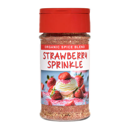Jar of strawberry sprinkle blend on a white background