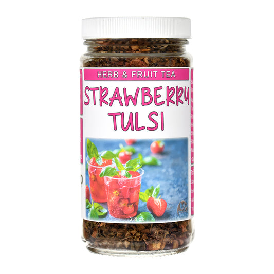 Jar of Strawberry Tulsi Herb & Fruit Tea on a white background