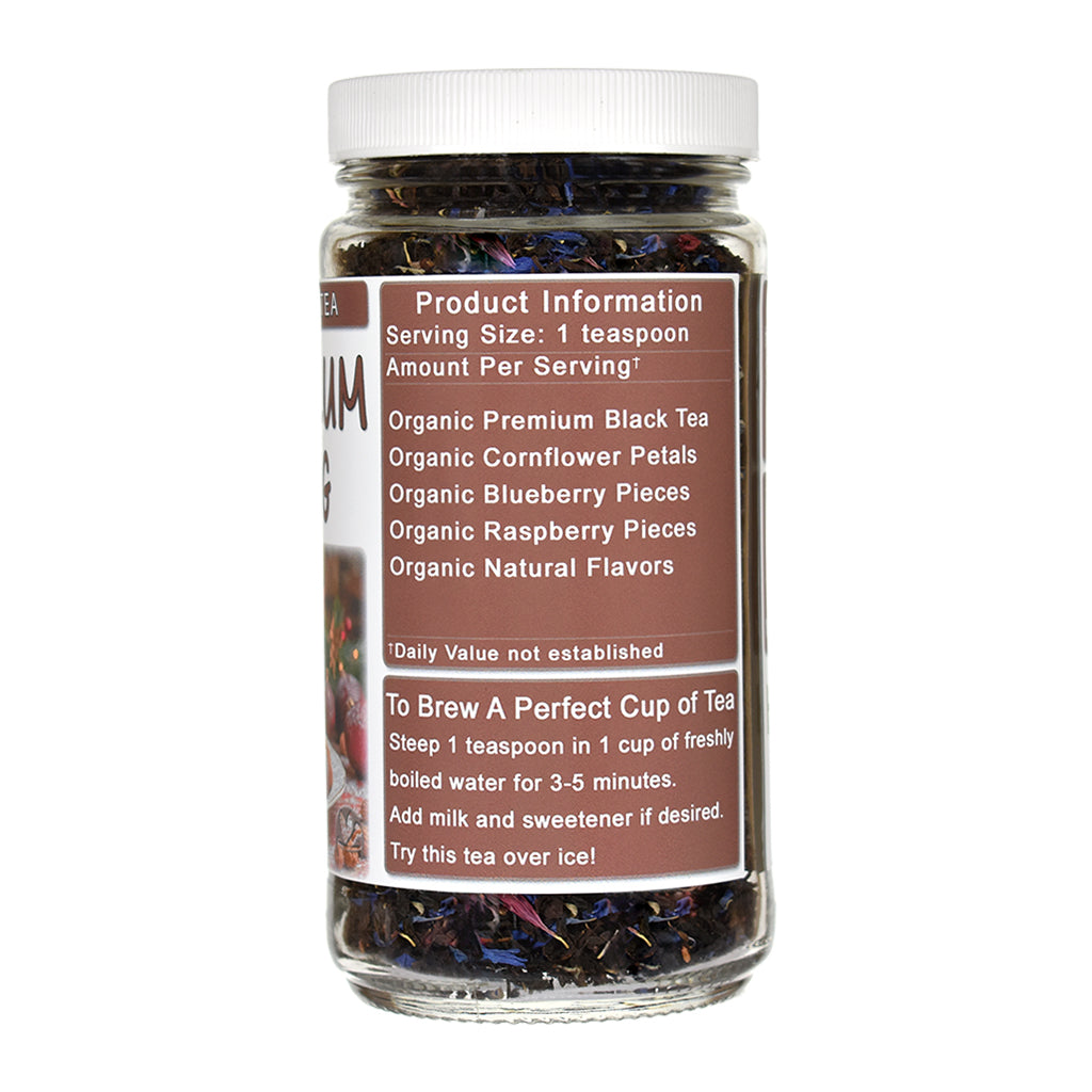 Jar of organic Sugar Plum Pudding Black Tea with product information label on a white background