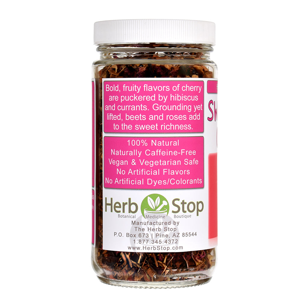 Sweet Red Cherry Herb and Fruit Tea in glass jar with description - left side