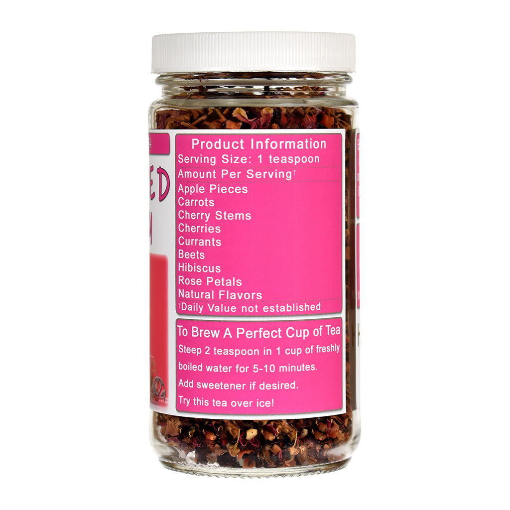 Sweet Red Cherry Herb and Fruit Tea in glass jar with ingredients - right side