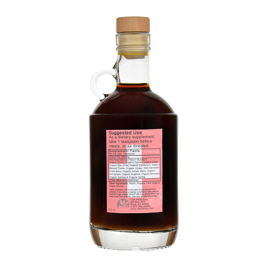 Bottle of Herb Stop Swiss Chuchichaestli Bitters on a white background