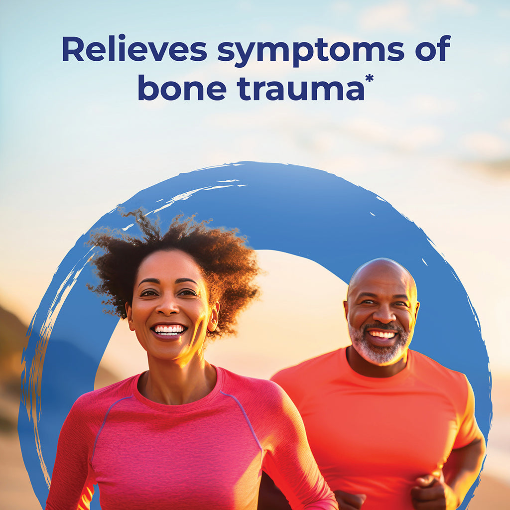 Two people running with text saying relieves symptoms of bone trauma.