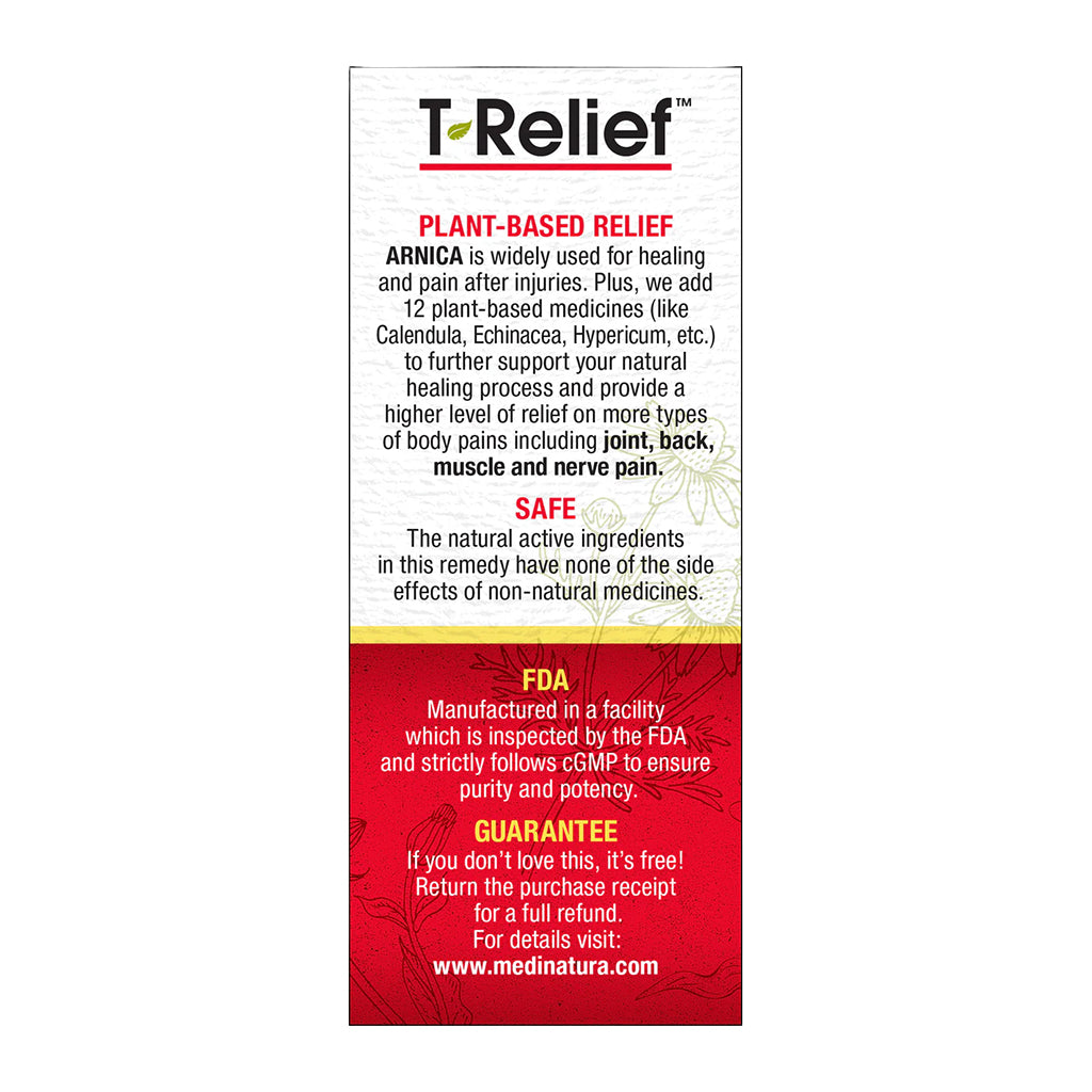 T-Relief product label with text about plant-based relief and safety.