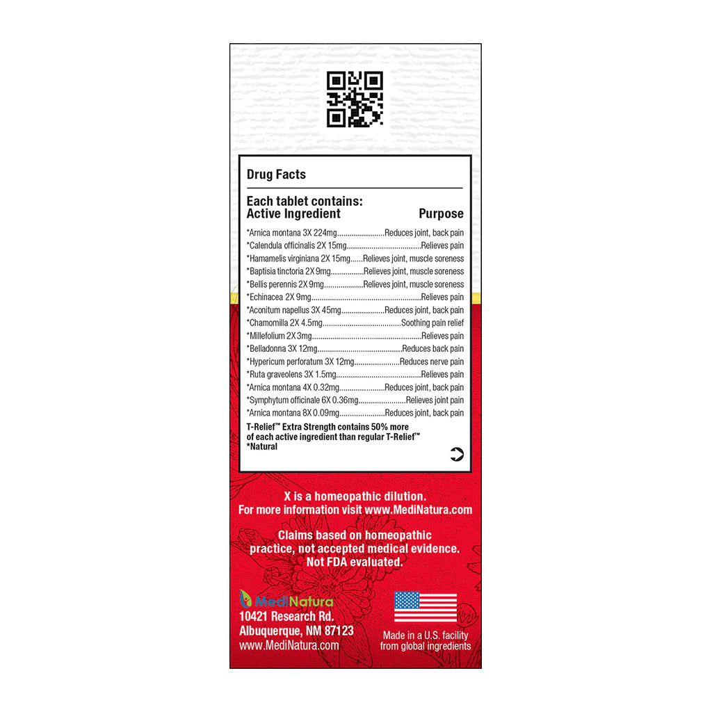 MediNatura T-Relief supplement label with active ingredients and branding on a white background