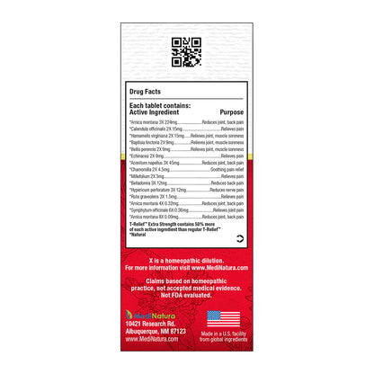 MediNatura T-Relief supplement label with active ingredients and branding on a white background