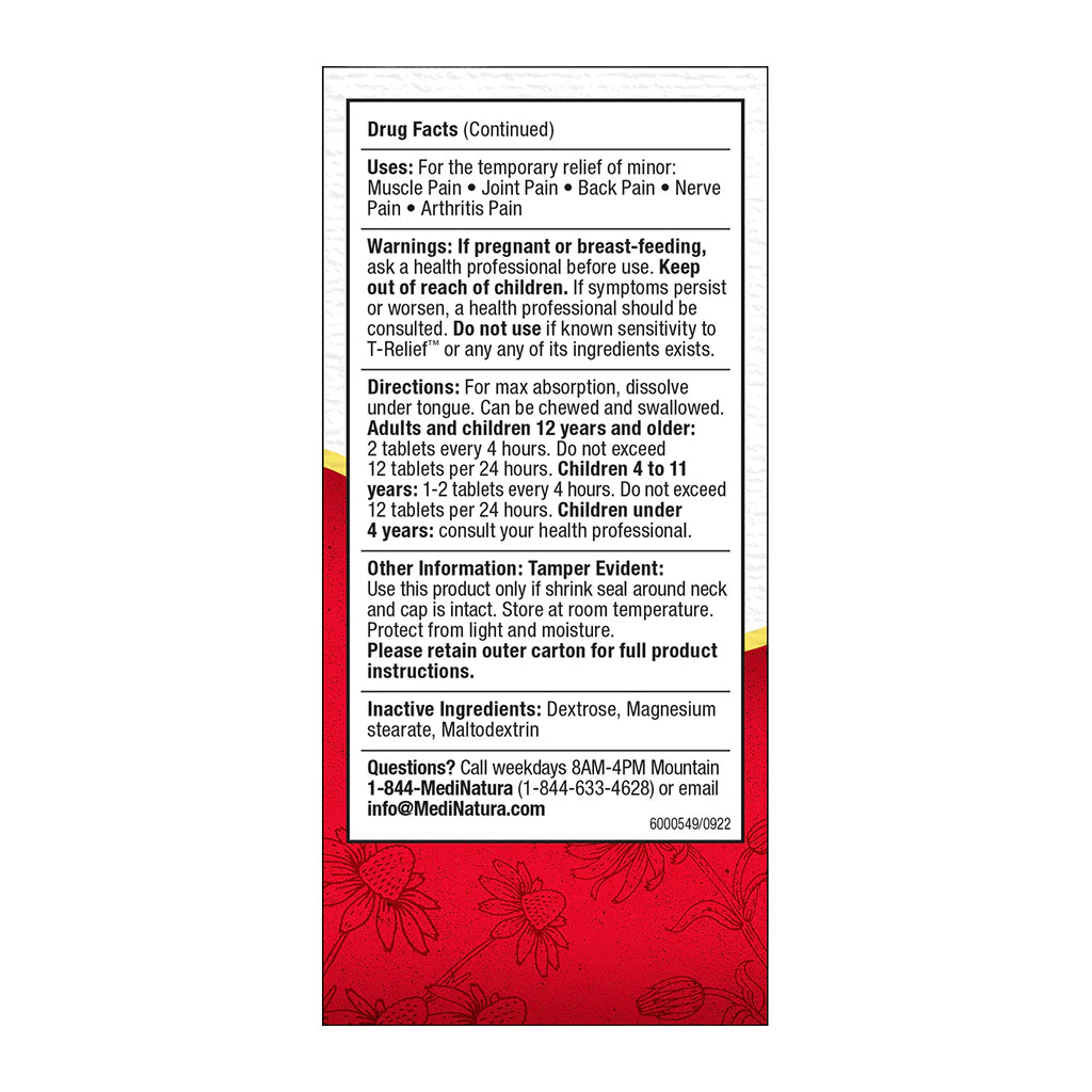 T-Relief Extra Strength Supplement facts label on a red background with text and product details.