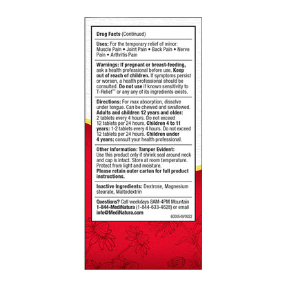 T-Relief Extra Strength Supplement facts label on a red background with text and product details.