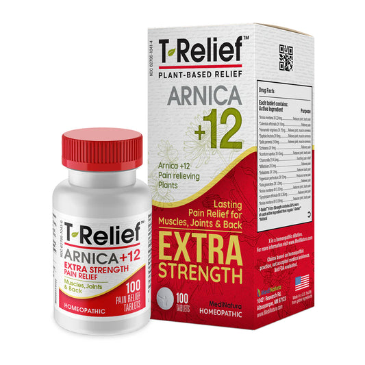T-Relief Arnica +12 Extra Strength pain relief tablets and packaging on a white background