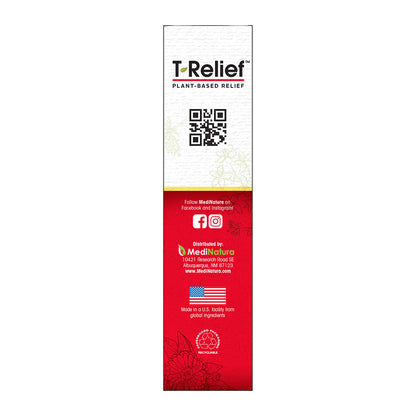 T-Relief product packaging with branding and contact information on a white background